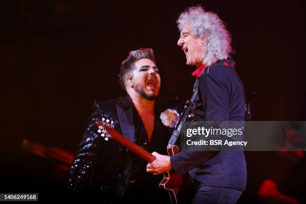 Adam Lambert and Brian May of Queen perform during a concert of Queen & Adam Lambert at the Ziggo Dome on July 1, 2022 in Amsterdam, Netherlands.