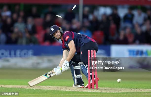 Rob Keogh of Northamptonshire Steelbacks is bowled by Ben Mike during the Vitality T20 Blast match between Leicestershire Foxes and Northamptonshire...