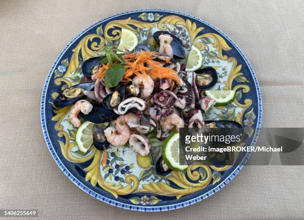 plate antipasti insalata di mare, appetizer seafood salad, sicily, italy - seafood salad stock pictures, royalty-free photos & images