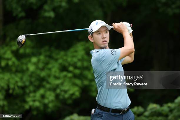 Seung-Yul Noh of South Korea plays his shot from the second tee during the second round of the John Deere Classic at TPC Deere Run on June 30, 2022...