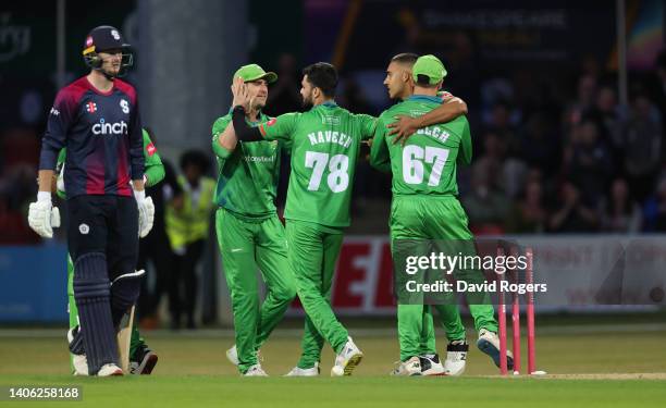 Leicestershire Foxes celebrate a final ball victory during the Vitality T20 Blast match between Leicestershire Foxes and Northamptonshire Steelbacks...