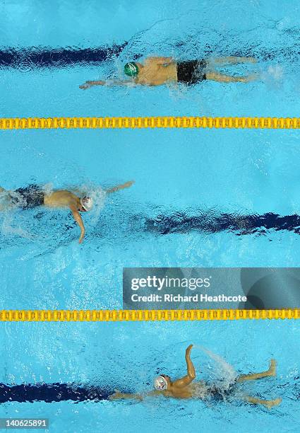 Oliver Hynd of Nova Centurion, Robert Welbourn and Sam Hynd of Swansea Performance Centre compeate in the Mens MC 400m Freestyle Final during day one...