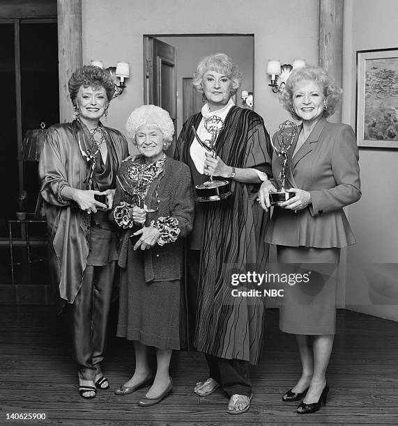 Season 4 -- Pictured: Rue McClanahan as Blanche Devereaux, Estelle Getty as Sophia Petrillo, Bea Arthur as Dorothy Petrillo Zbornak, Betty White as...