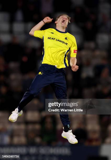 Nathan Ellis of Hampshire Hawks celebrates bowling David Payne of Gloucestershire to win the Vitality T20 Blast between Hampshire Hawks and...
