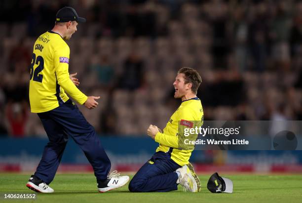 Liam Dawson of Hampshire Hawks celebrates catching James Bracey of Gloucestershire during the Vitality T20 Blast between Hampshire Hawks and...