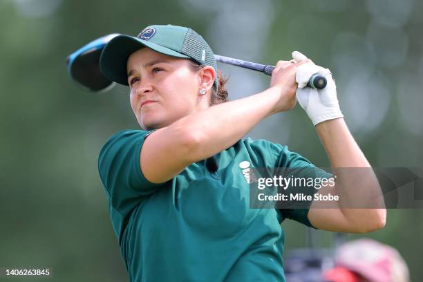 Ash Barty plays her tee shot during her Singles Match on Day Two of the ICON Series at Liberty National Golf Club on July 01, 2022 in Jersey City,...