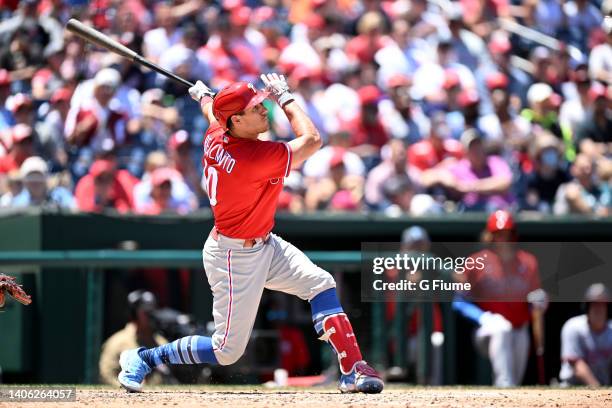 Realmuto of the Philadelphia Phillies bats against the Washington Nationals at Nationals Park on June 19, 2022 in Washington, DC.