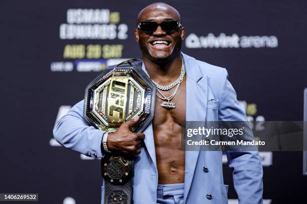 Welterweight champion Kamaru Usman is seen on stage during the UFC 276 ceremonial weigh-in at T-Mobile Arena on July 01, 2022 in Las Vegas, Nevada.