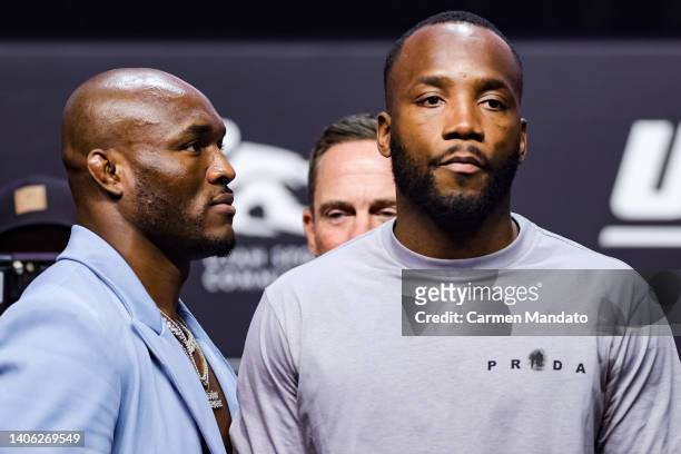 Welterweight champion Kamaru Usman and Leon Edwards face off on stage during the UFC 276 ceremonial weigh-in at T-Mobile Arena on July 01, 2022 in...