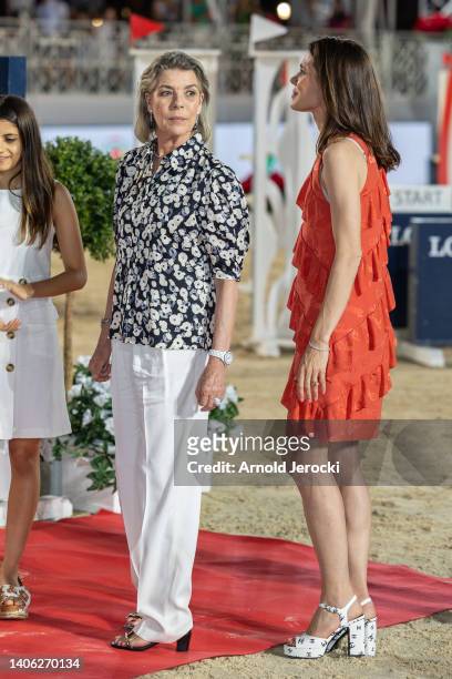 Princess Caroline of Hanover and Charlotte Casiraghi attend the Longines Pro-Am Cup on July 01, 2022 in Monte-Carlo, Monaco.