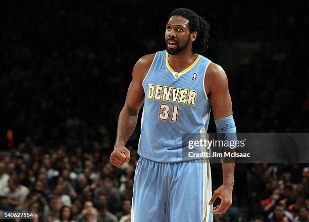 Nene Hilario of the Denver Nuggets in action against the New York Knicks on January 21, 2012 at Madison Square Garden in New York City. The Nuggets...