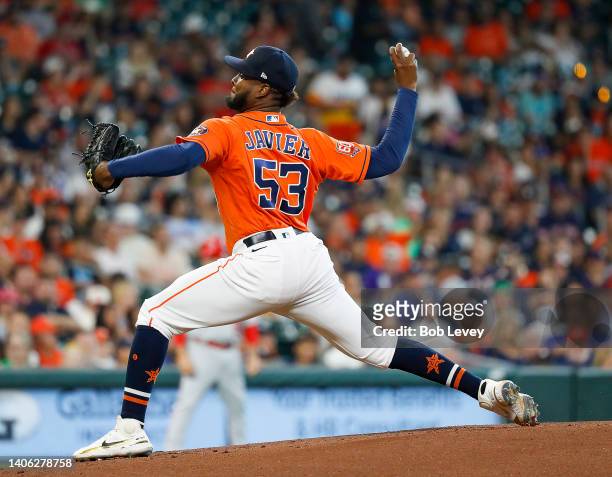 Cristian Javier of the Houston Astros pitches in the first inning against the Los Angeles Angels at Minute Maid Park on July 01, 2022 in Houston,...