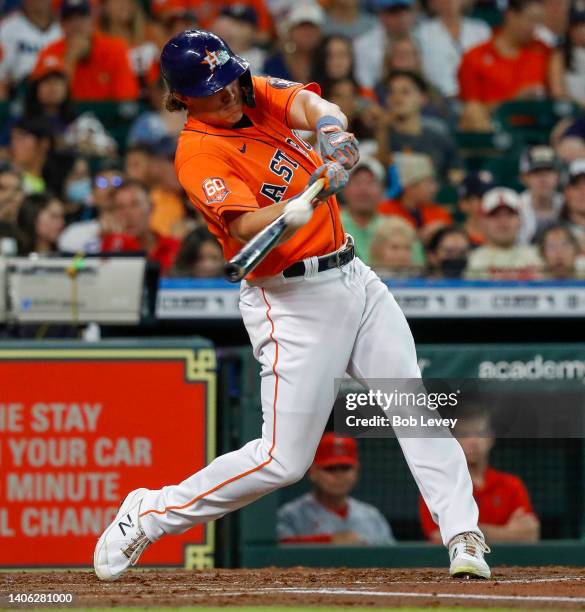 Jake Meyers of the Houston Astros hits a solo home run in the second inning against the Los Angeles Angels at Minute Maid Park on July 01, 2022 in...