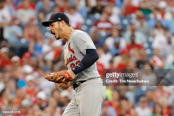 Nolan Arenado of the St. Louis Cardinals reacts during the fifth inning against the Philadelphia Phillies at Citizens Bank Park on July 01, 2022 in...