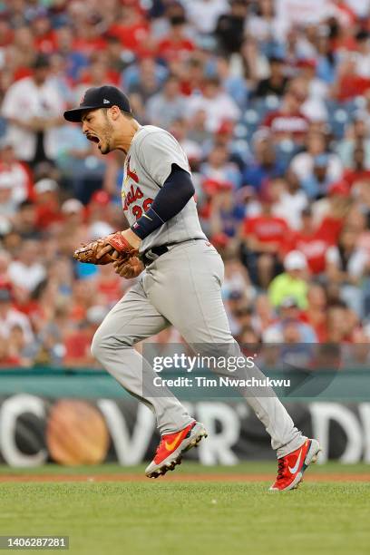 Nolan Arenado of the St. Louis Cardinals reacts during the fifth inning against the Philadelphia Phillies at Citizens Bank Park on July 01, 2022 in...