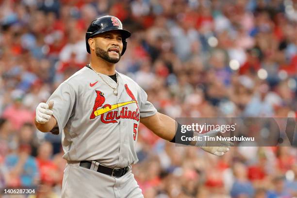 Albert Pujols of the St. Louis Cardinals reacts to a call during the sixth inning against the Philadelphia Phillies at Citizens Bank Park on July 01,...