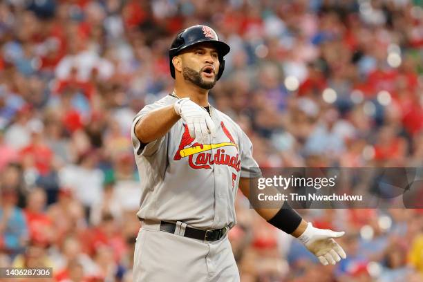 Albert Pujols of the St. Louis Cardinals reacts to a call during the sixth inning against the Philadelphia Phillies at Citizens Bank Park on July 01,...