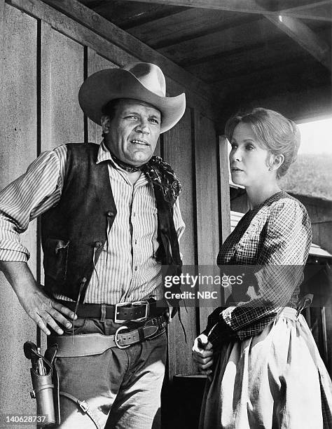 Rendezvous as Arillo" Episode 4 -- Aired 10/7/65 -- Pictured: Neville Brand as Reese Bennett, Julie Harris as Annamay -- Photo by: NBCU Photo Bank