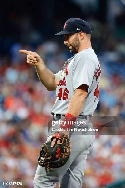 Paul Goldschmidt of the St. Louis Cardinals gestures during the sixth inning against the Philadelphia Phillies at Citizens Bank Park on July 01, 2022...