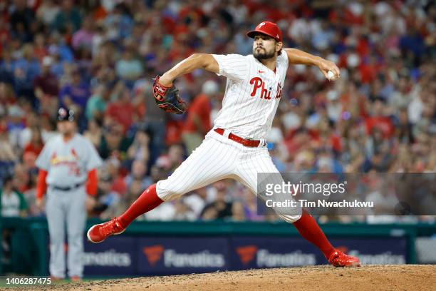 Brad Hand of the Philadelphia Phillies pitches during the ninth inning against the St. Louis Cardinals at Citizens Bank Park on July 01, 2022 in...