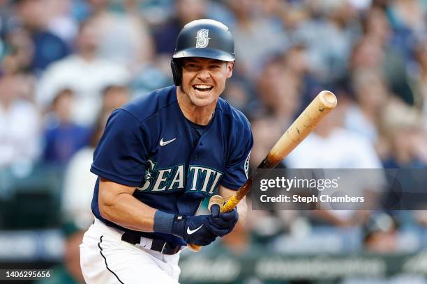 Andrew Knapp of the Seattle Mariners reacts as he flies into a forced out during the third inning against the Oakland Athletics at T-Mobile Park on...