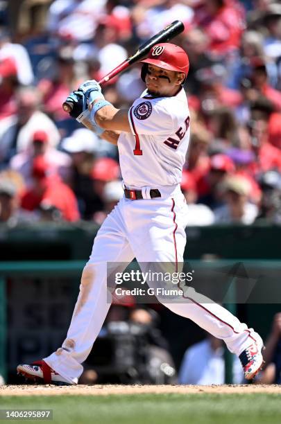 Cesar Hernandez of the Washington Nationals bats against the Philadelphia Phillies at Nationals Park on June 19, 2022 in Washington, DC.