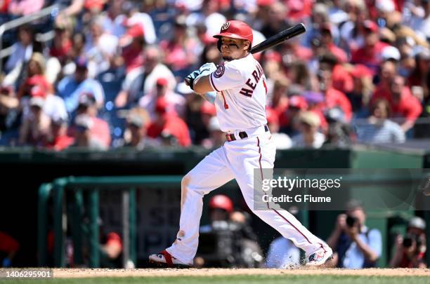 Cesar Hernandez of the Washington Nationals bats against the Philadelphia Phillies at Nationals Park on June 19, 2022 in Washington, DC.