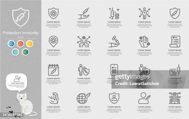 ilustraciones, imágenes clip art, dibujos animados e iconos de stock de infografía de contenido de iconos de línea de inmunidad de protección - alergia