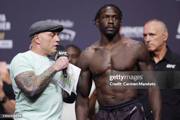 Jared Cannonier speaks with Joe Rogan during the UFC 276 ceremonial weigh-in at T-Mobile Arena on July 01, 2022 in Las Vegas, Nevada.