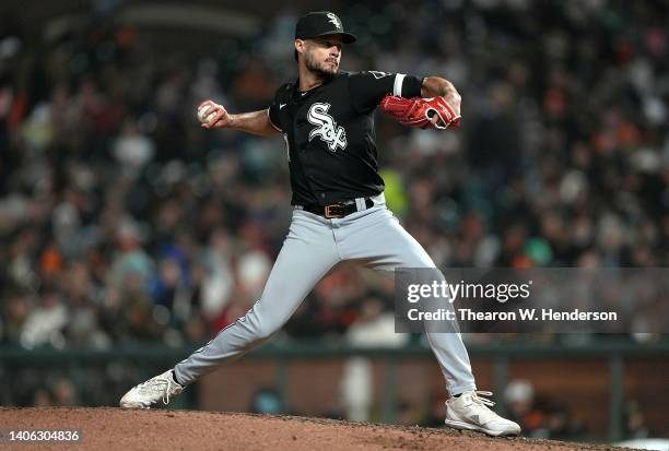 Joe Kelly of the Chicago White Sox pitches against the San Francisco Giants in the bottom of the seventh inning at Oracle Park on July 01, 2022 in...