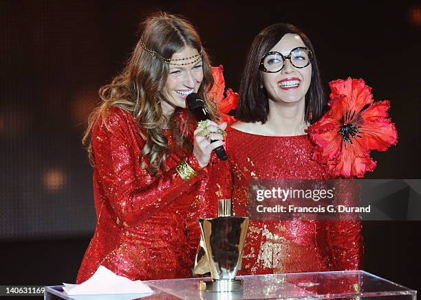 Brigitte' singers, Sylvie Hoarau and Aurelie Saada receive an award during 'Les Victoires de La Musique 2012' at Palais des Congres on March 3, 2012...