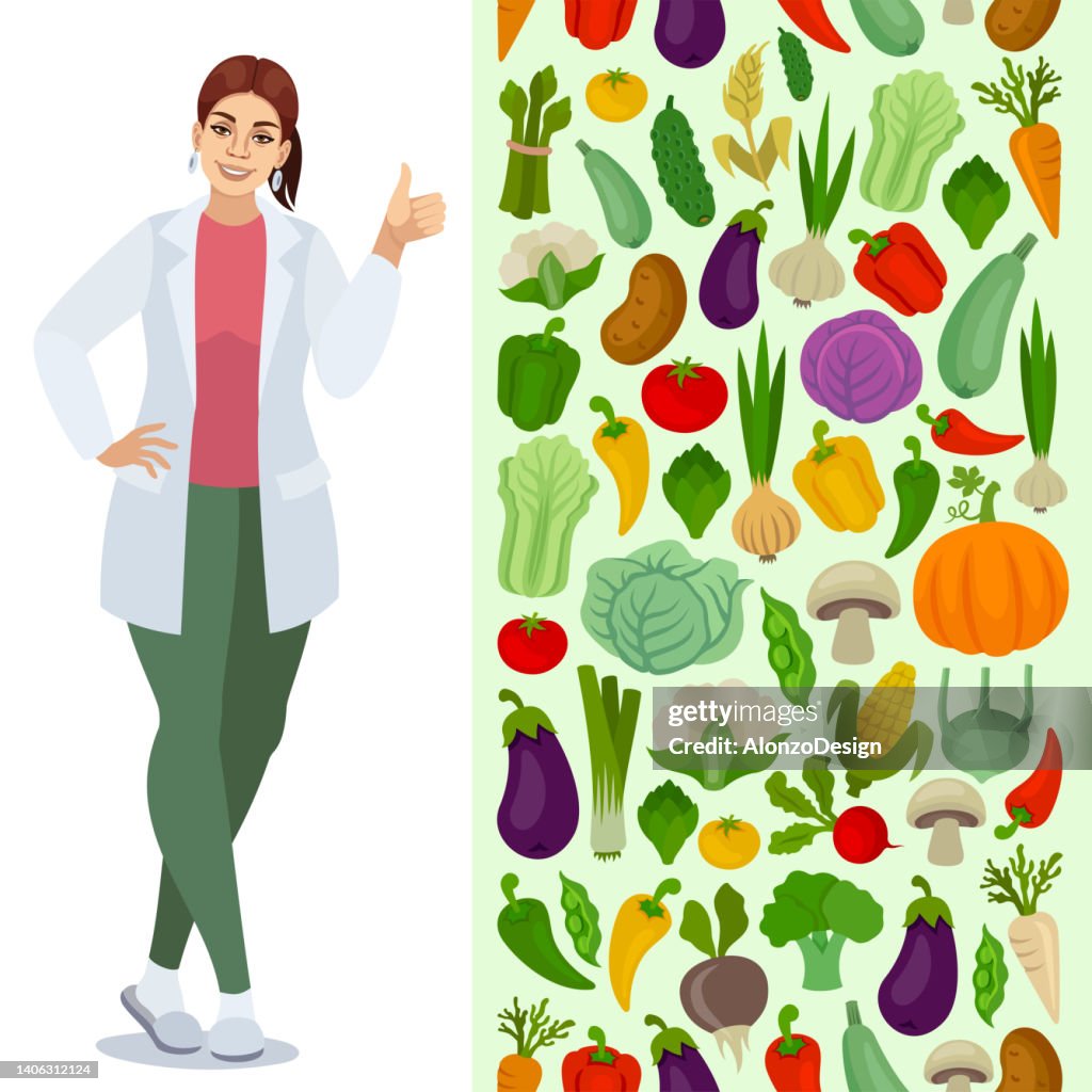 Nutritionist Doctor Showing Vegetables. Dietician recommending healthy food.