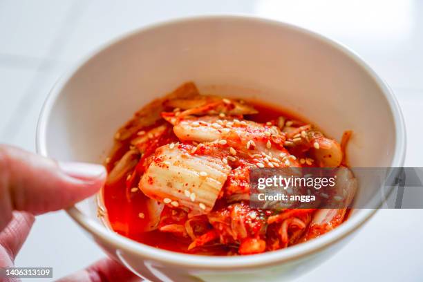 a bowl of homemade kimchi cabbage - kimchee imagens e fotografias de stock