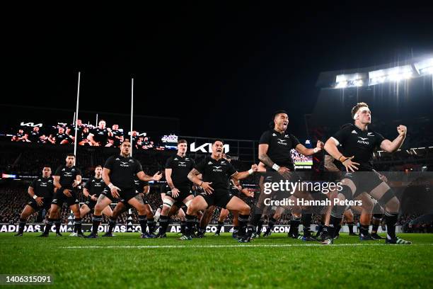 New Zealand players perform a haka during the International test Match in the series between the New Zealand All Blacks and Ireland at Eden Park on...