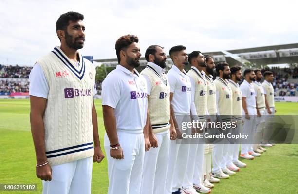 India captain Jasprit Bumrah lines up with his team for the national anthems ahead of day one of Fifth LV= Insurance Test Match between England and...