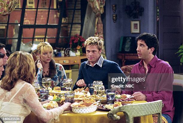 The One With The Rumor"-- Episode 9 -- Aired -- Pictured: Jennifer Aniston as Rachel Green, Lisa Kudrow as Phoebe Buffay, Brad Pitt as Will Colbert,...