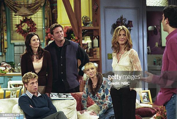 The One With The Rumor"-- Episode 9 -- Aired -- Pictured: Brad Pitt as Will Colbert, Courteney Cox as Monica Geller-Bing, Matthew Perry as Chandler...