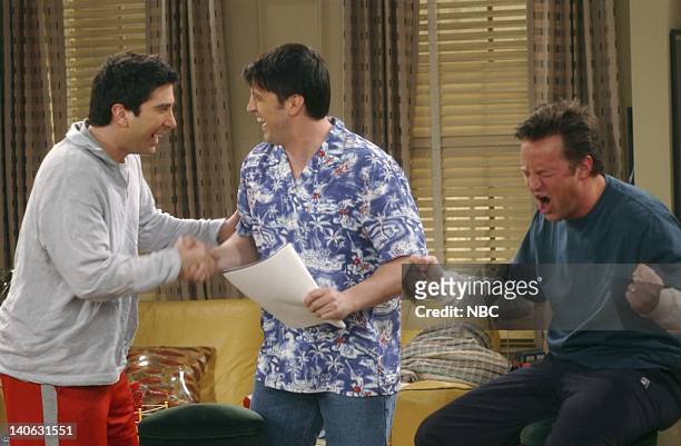 The One With The Baby Shower"-- Episode 20 -- Aired 4/25/2002 -- Pictured : David Schwimmer as Ross Geller, Matt LeBlanc as Joey Tribbiani, Matthew...