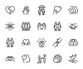 Vector set of friendship and love line icons. Contains icons friend, relationship, buddy, understanding, trust, help, dove of peace, care and more. Pixel perfect.