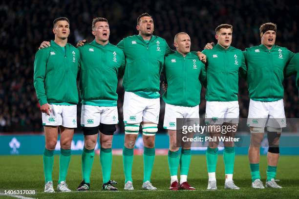 Ireland sing the national anthem during the International test Match in the series between the New Zealand All Blacks and Ireland at Eden Park on...