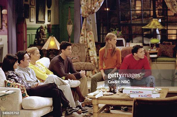 The One With Rachel's Assistant" -- Episode 4 -- Aired -- Pictured : Courteney Cox as Monica Geller, Matthew Perry as Chandler Bing, Lisa Kudrow as...