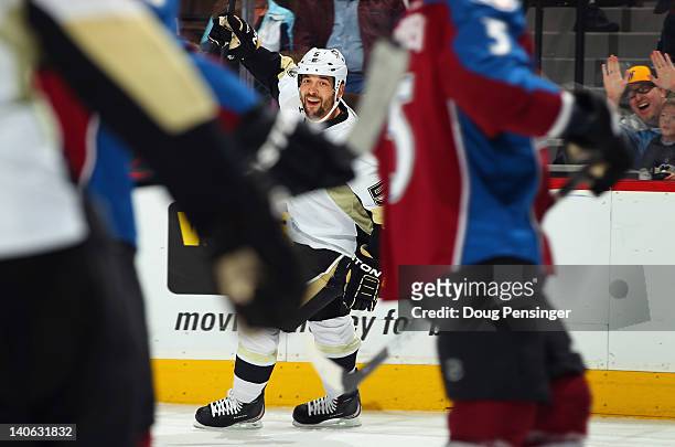 Deryk Engelland of the Pittsburgh Penguins celebrates his goal to give the Penguins a 2-0 lead against the Colorado Avalanche in the first period at...
