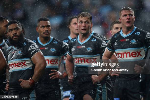 Matt Moylan of the Sharks looks on during the round 16 NRL match between the Canterbury Bulldogs and the Cronulla Sharks at CommBank Stadium on July...