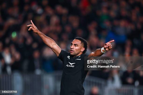 Sevu Reece of New Zealand celebrates his try during the International test Match in the series between the New Zealand All Blacks and Ireland at Eden...