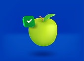 Green apple with green checkmark icon. 3d vector illustration