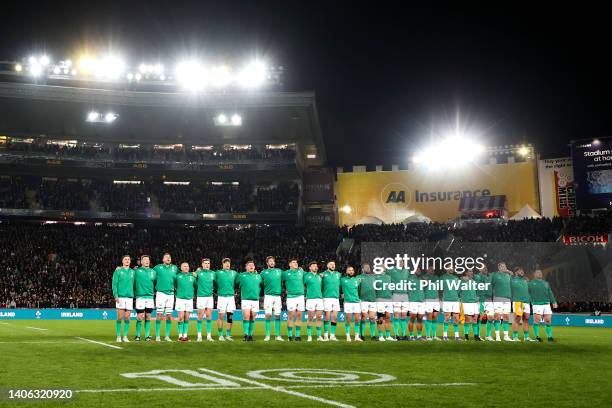 Ireland sing the national anthem during the International test Match in the series between the New Zealand All Blacks and Ireland at Eden Park on...