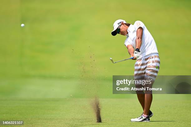 Mao Nozawa of Japan hits her second shot on the 4th hole during the third round of Shiseido Ladies Open at Totsuka Country Club on July 02, 2022 in...