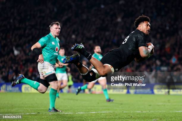 Ardie Savea of New Zealand scores a try during the International test Match in the series between the New Zealand All Blacks and Ireland at Eden Park...