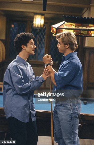 Pilot" Episode 1 -- AIr Date -- Pictured: Dustin Diamond as Screech Powers, Mark-Paul Gosselaar as Zack Morris -- Photo by: Paul Drinkwater/NBCU...