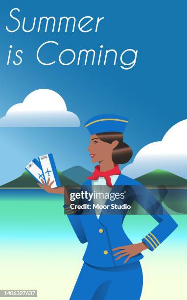 air hostess holding tickets vector illustration. - lagoon stock illustrations